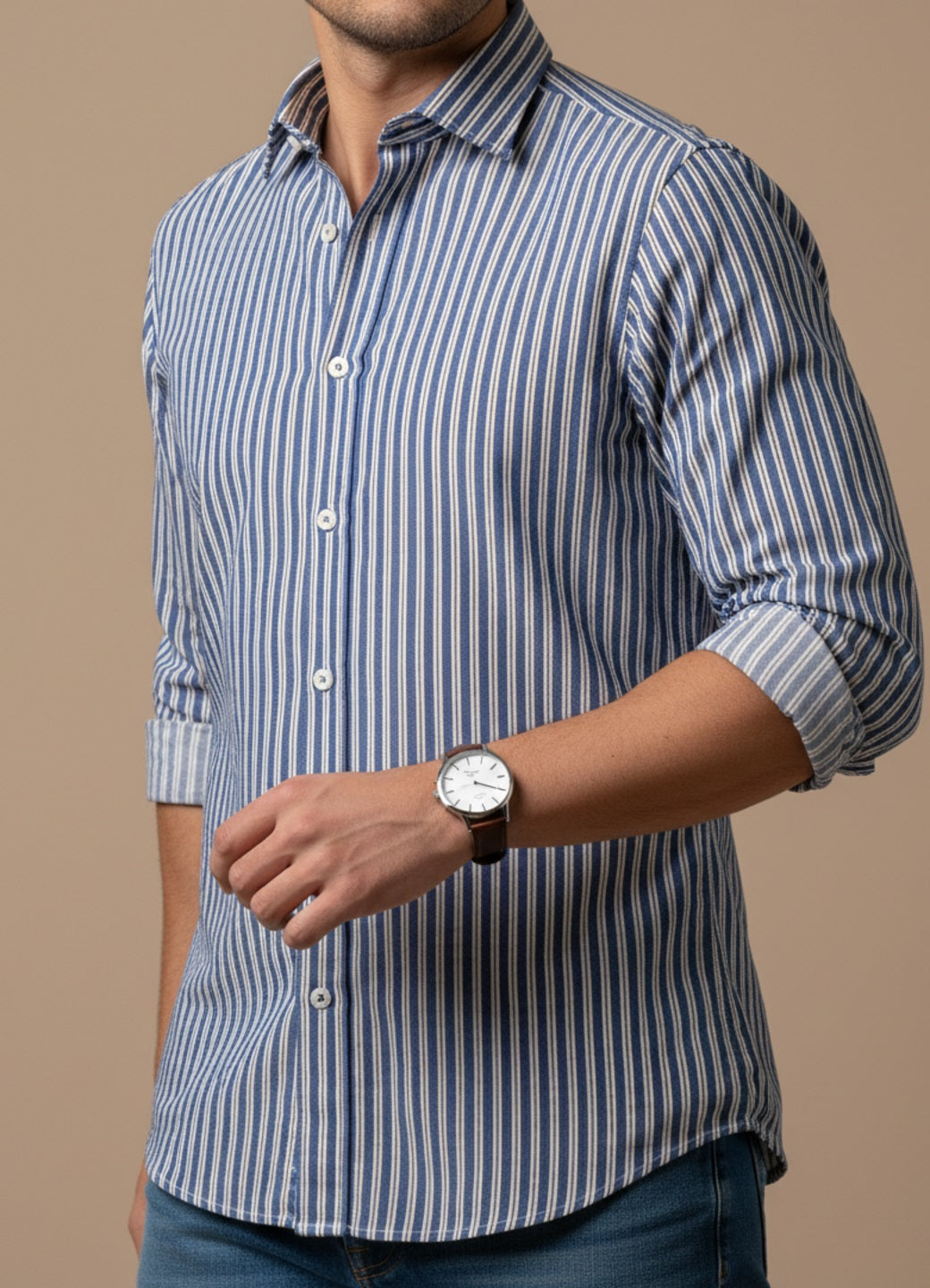 Blue Striped Cotton Band Collar Shirt For Men