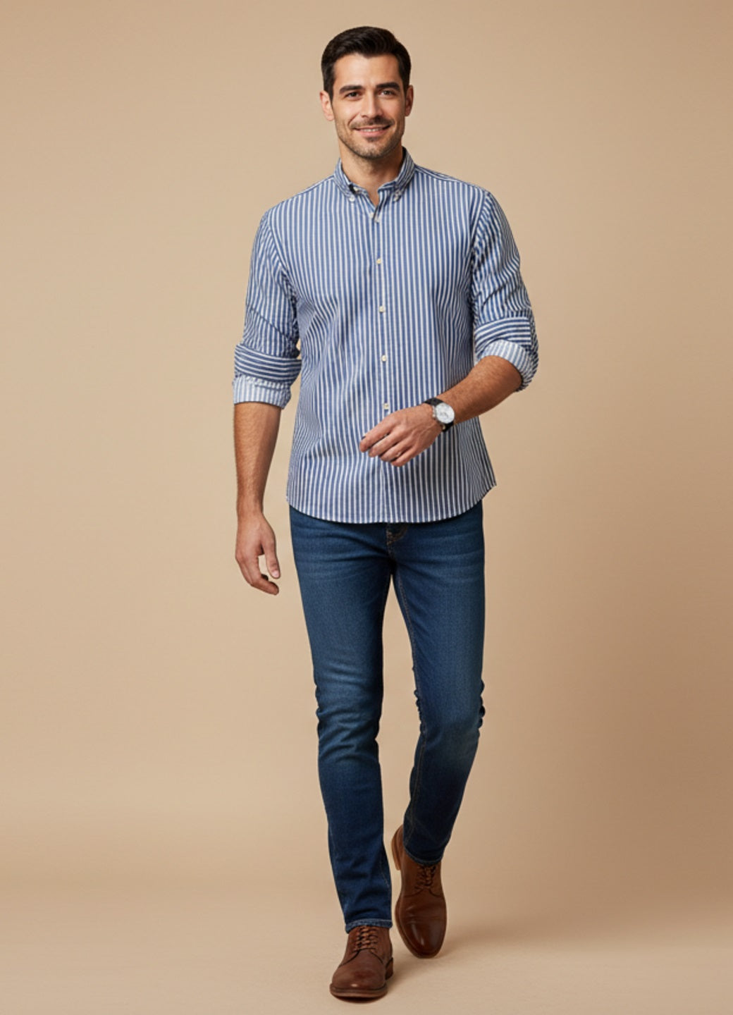 Blue Striped Cotton Band Collar Shirt For Men