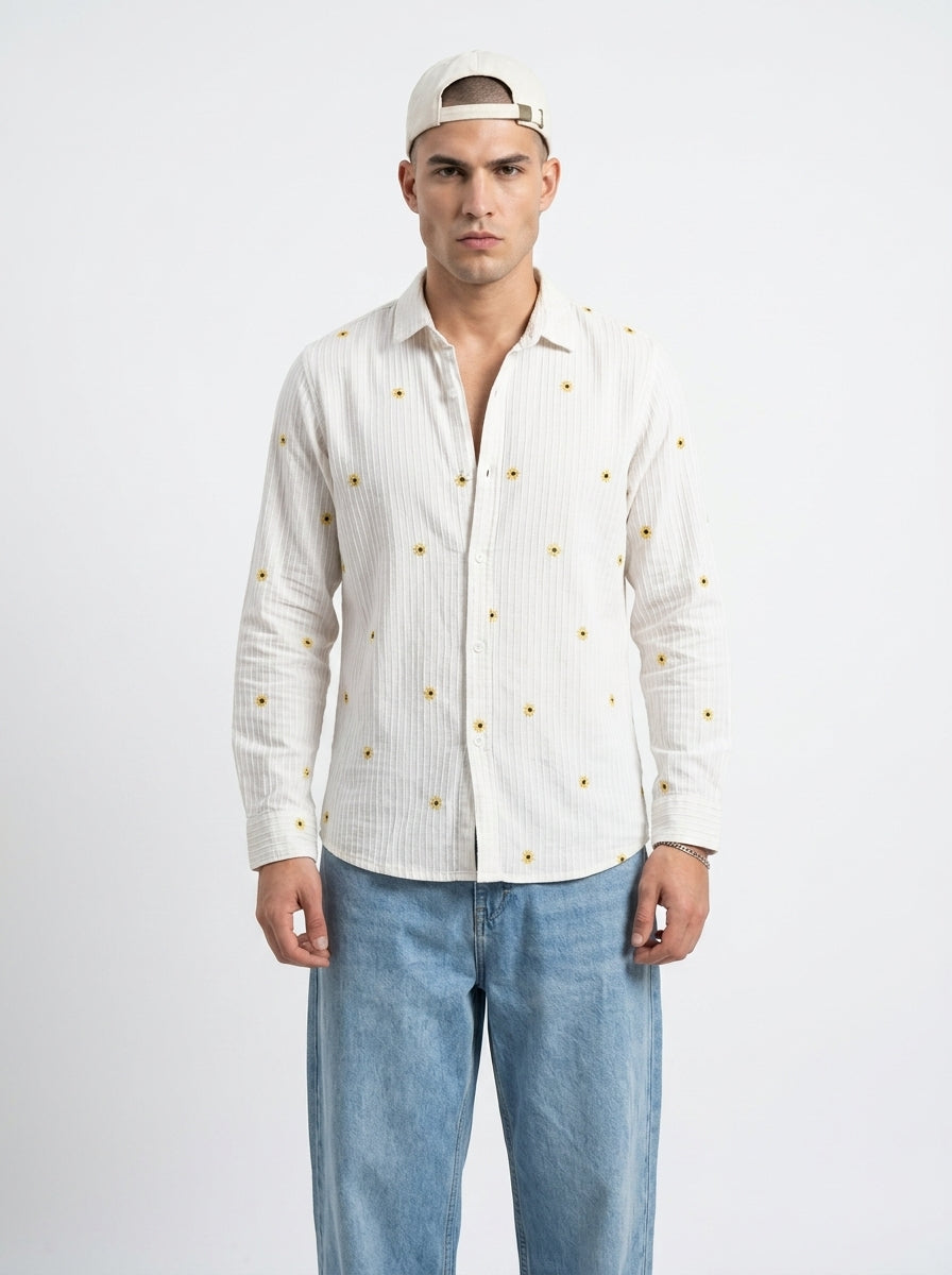 White Band Collar Floral Embroidered Casual Cotton Shirt For Men