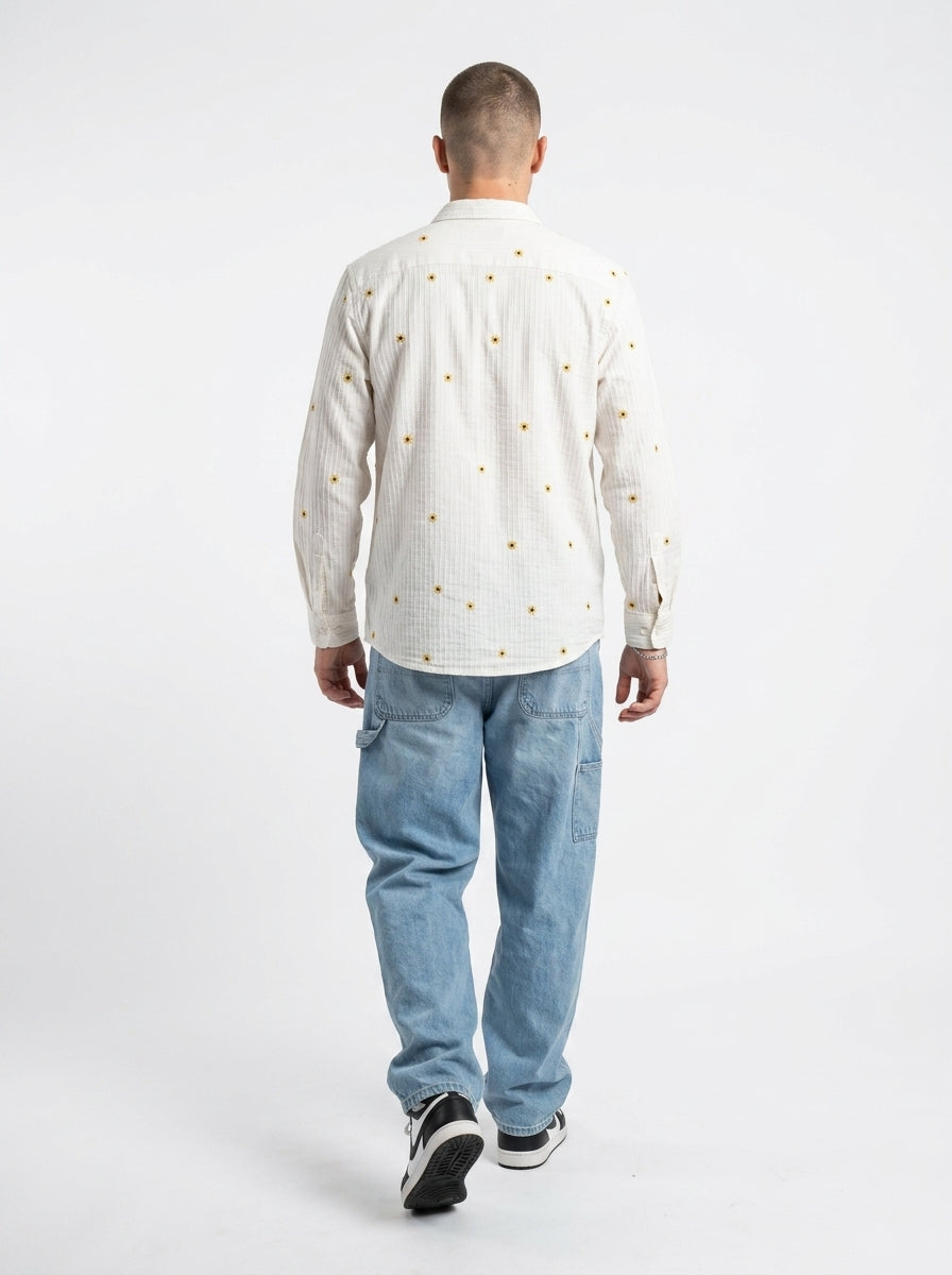White Band Collar Floral Embroidered Casual Cotton Shirt For Men