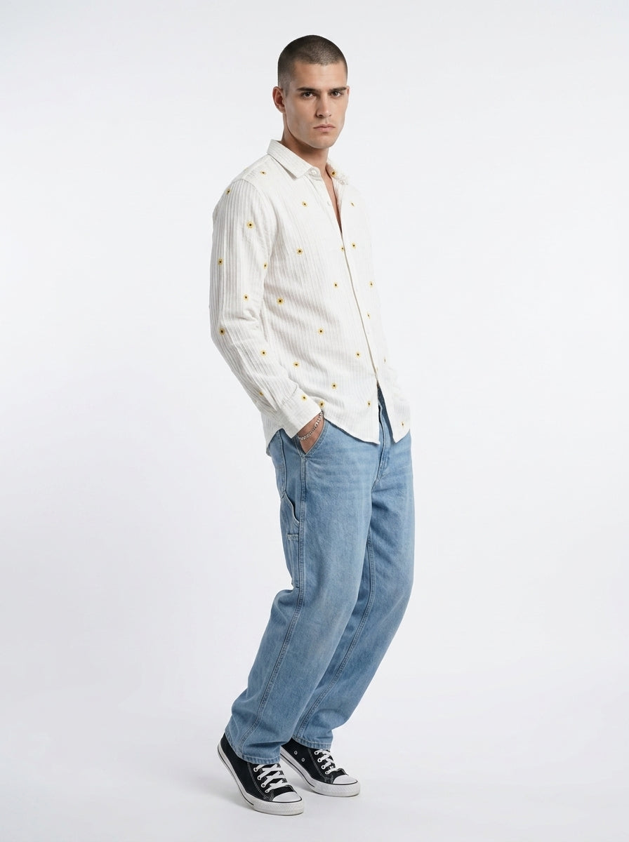 White Band Collar Floral Embroidered Casual Cotton Shirt For Men