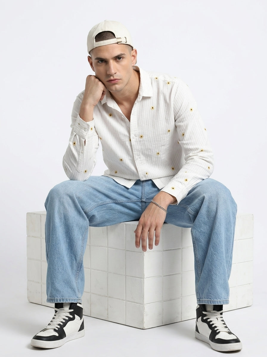White Band Collar Floral Embroidered Casual Cotton Shirt For Men