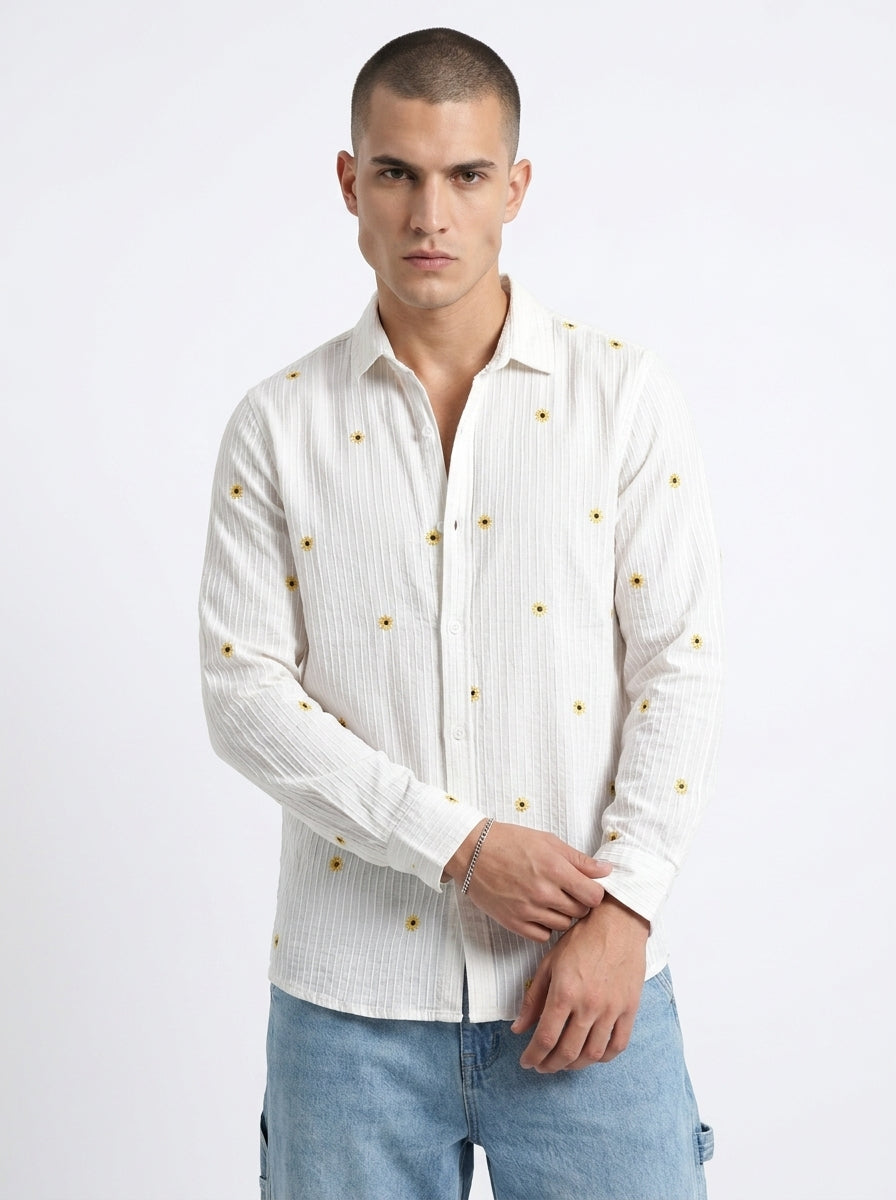 White Band Collar Floral Embroidered Casual Cotton Shirt For Men