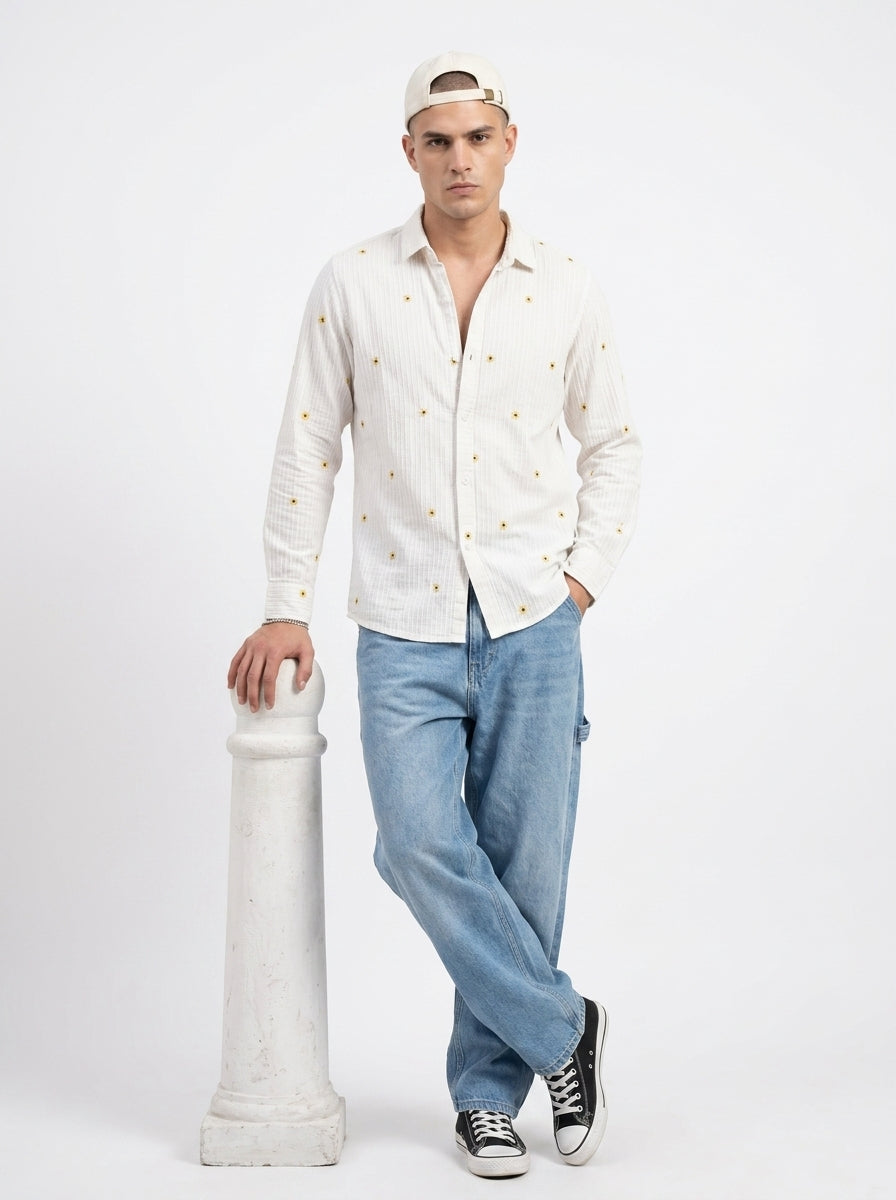 White Band Collar Floral Embroidered Casual Cotton Shirt For Men