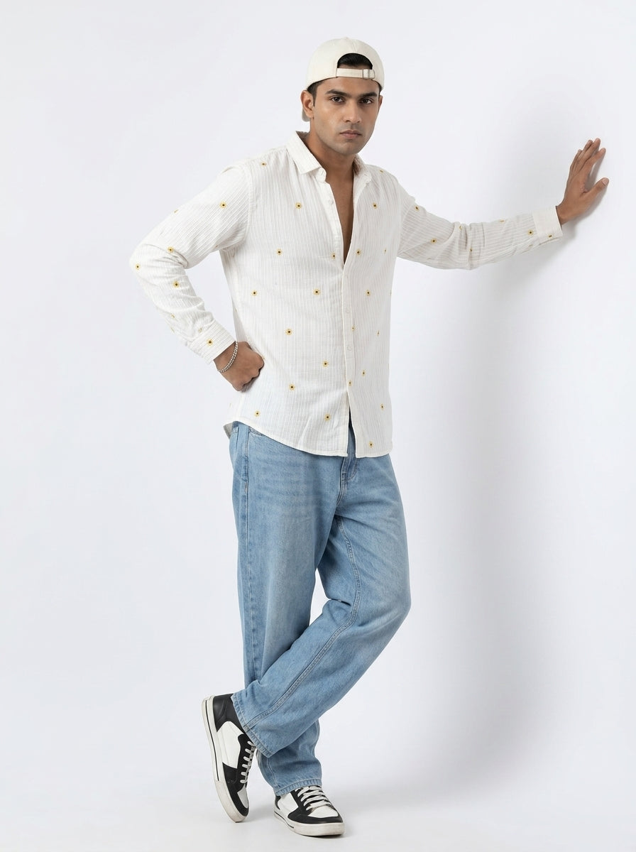 White Band Collar Floral Embroidered Casual Cotton Shirt For Men