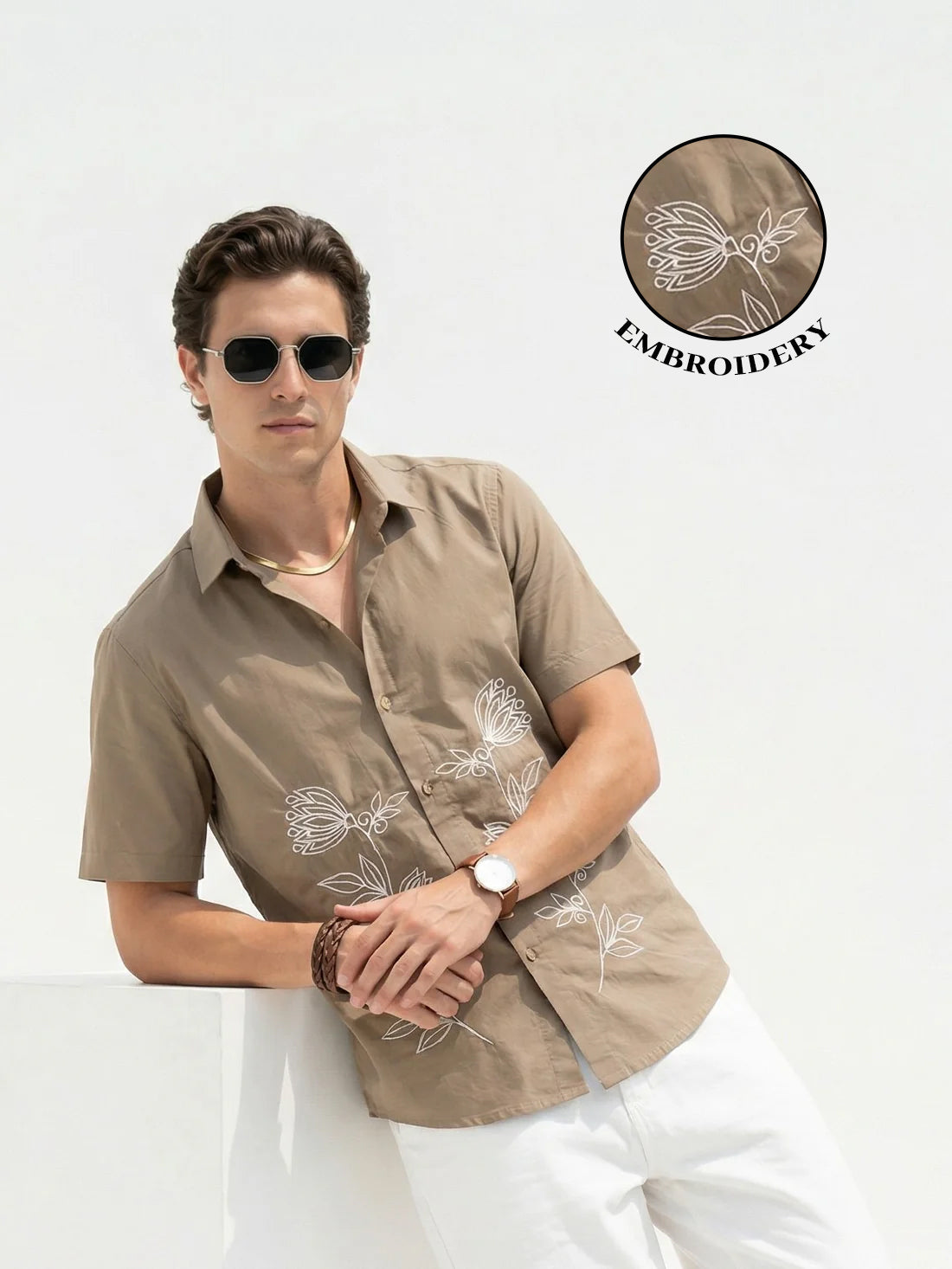 Brown Embroidered Cotton Band Collar Cotton Shirt For Men