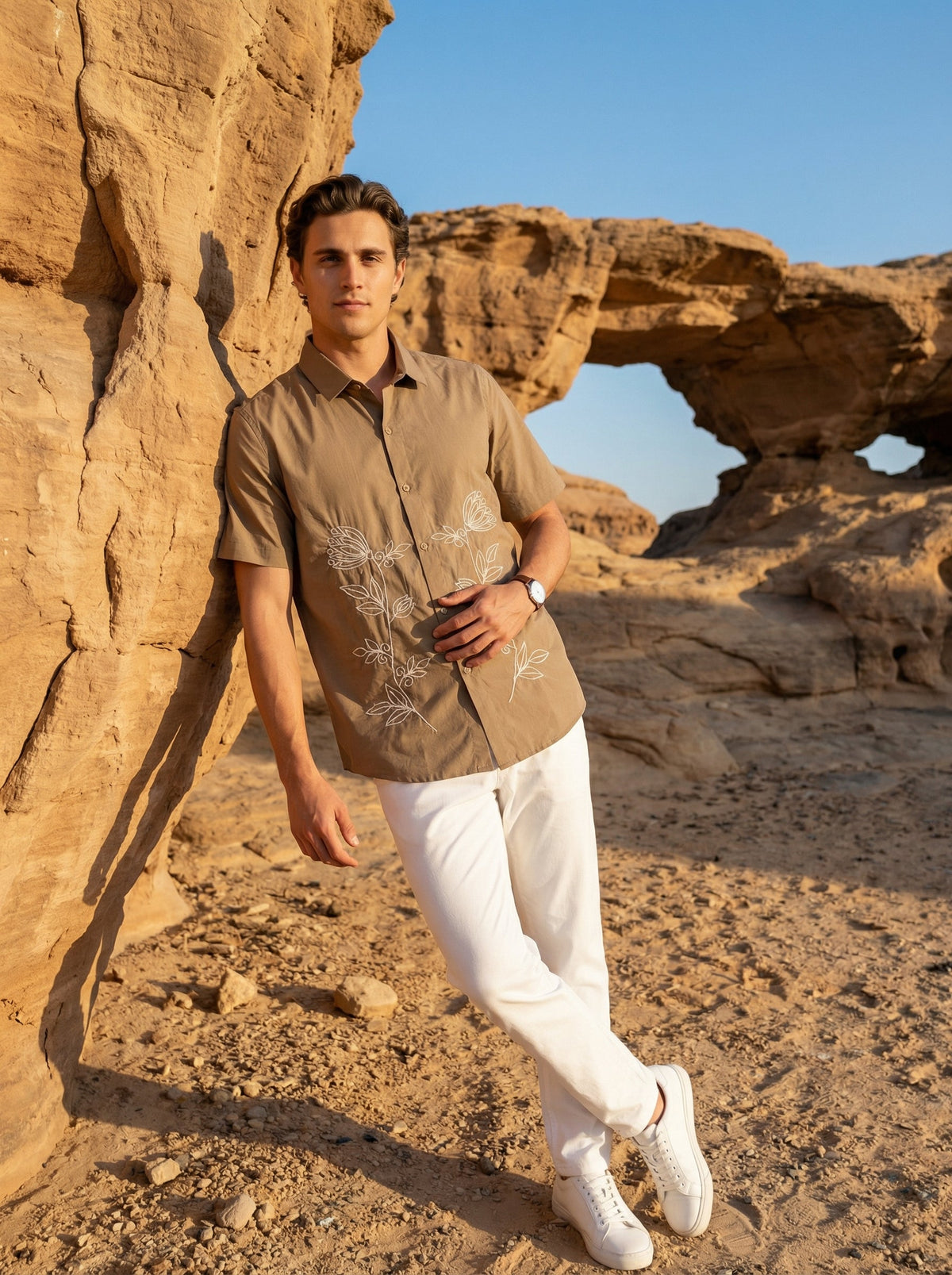 Brown Embroidered Cotton Band Collar Cotton Shirt For Men