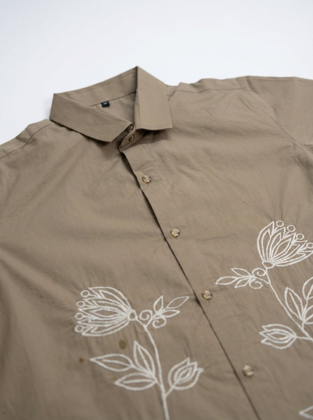 Brown Embroidered Cotton Band Collar Cotton Shirt For Men