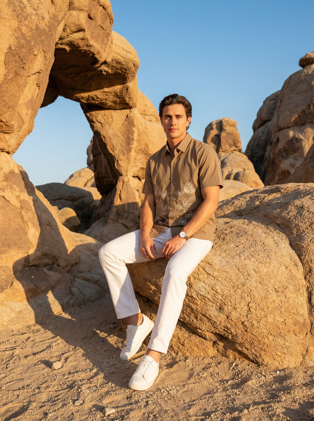 Brown Embroidered Cotton Band Collar Cotton Shirt For Men