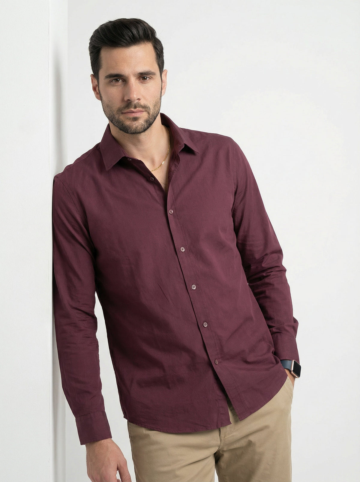 Maroon Solid Cotton Band Collar Cotton Shirt For Men