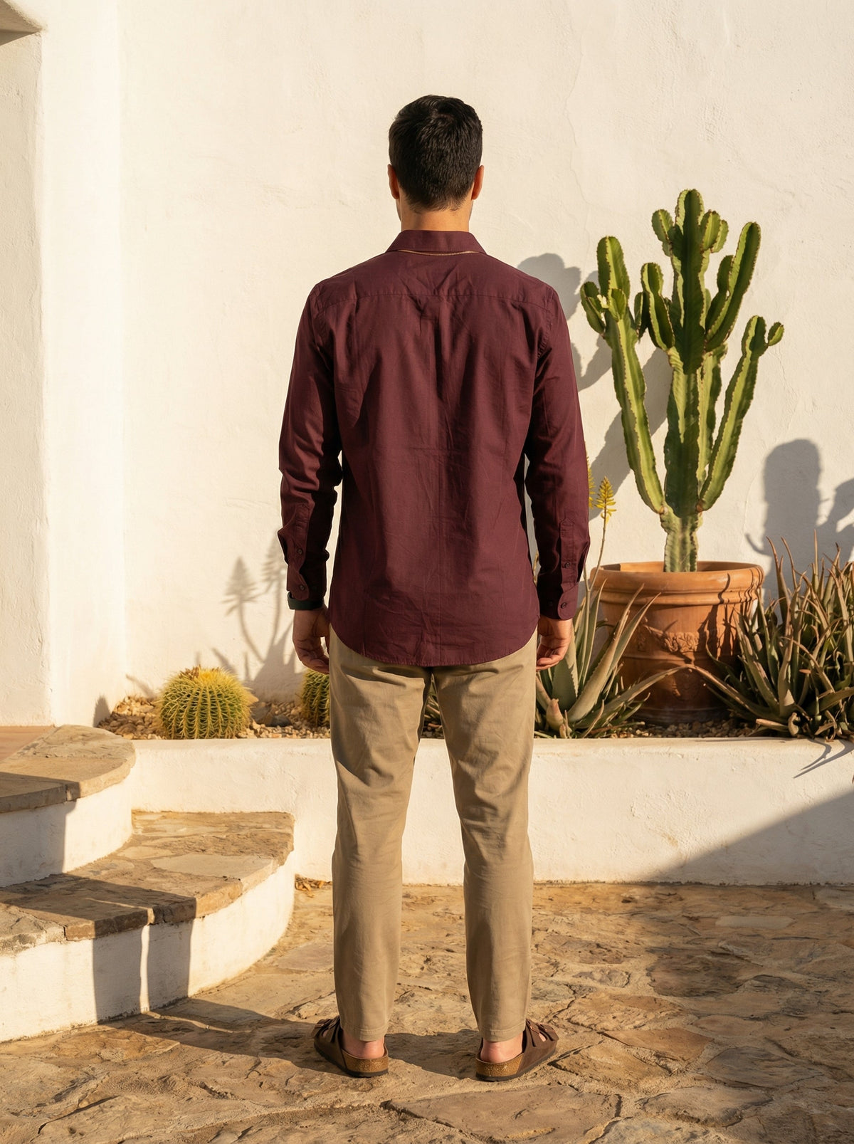 Maroon Solid Cotton Band Collar Cotton Shirt For Men