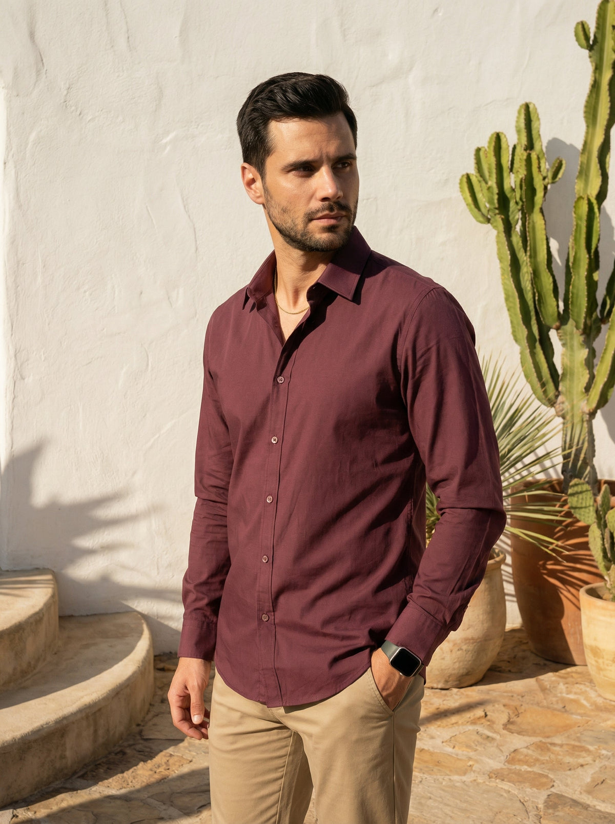 Maroon Solid Cotton Band Collar Cotton Shirt For Men