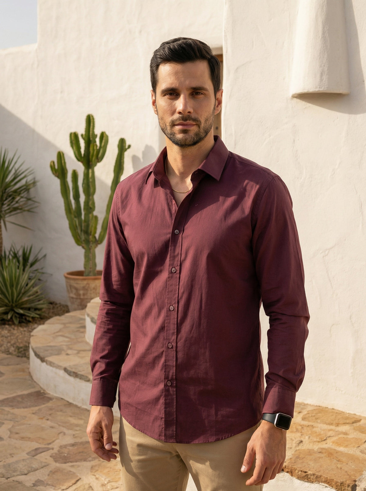 Maroon Solid Cotton Band Collar Cotton Shirt For Men