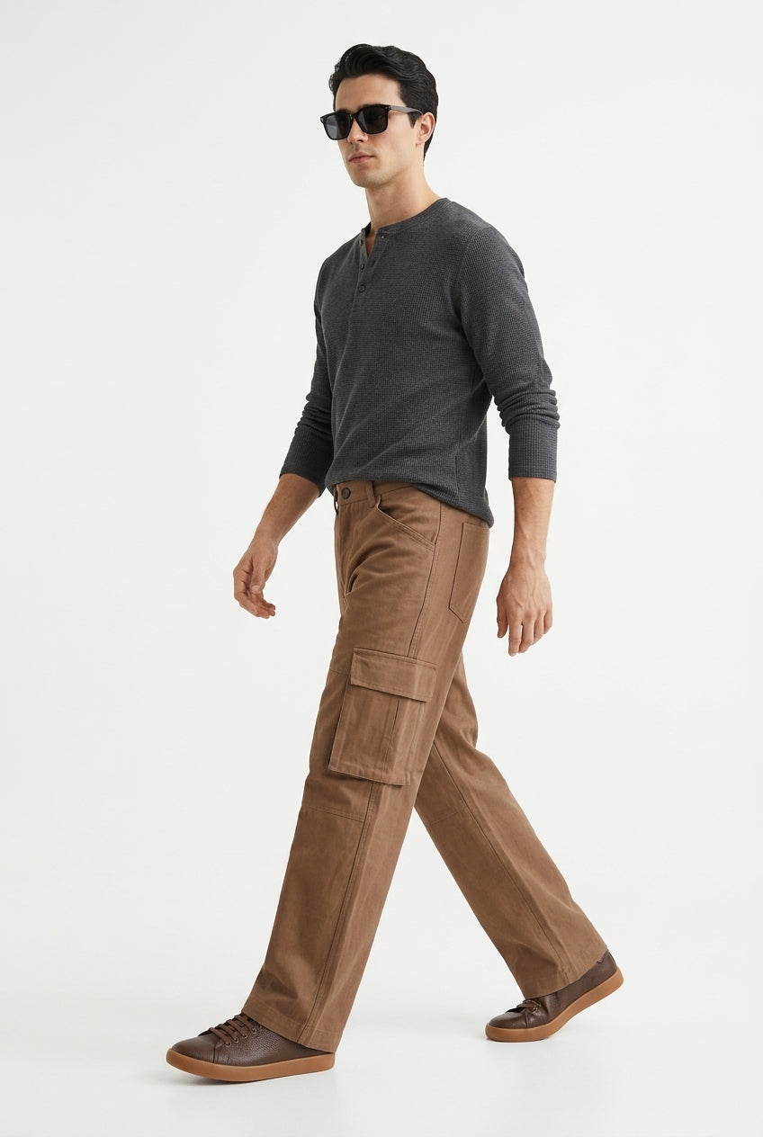 Tobacco Brown Mid-Rise Straight Fit Cargo Pant For Men