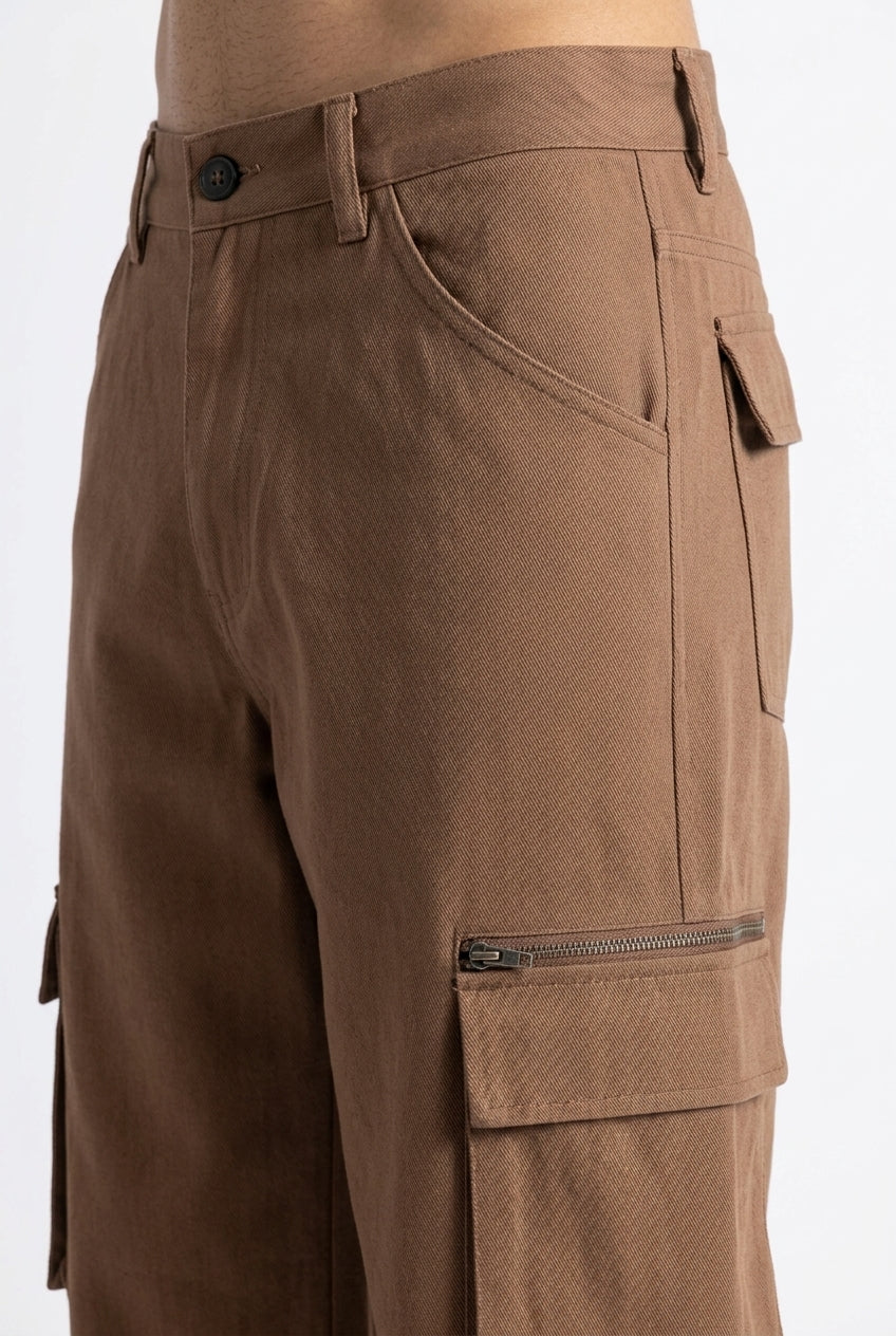 Tobacco Brown Mid-Rise Straight Fit Cargo Pant For Men