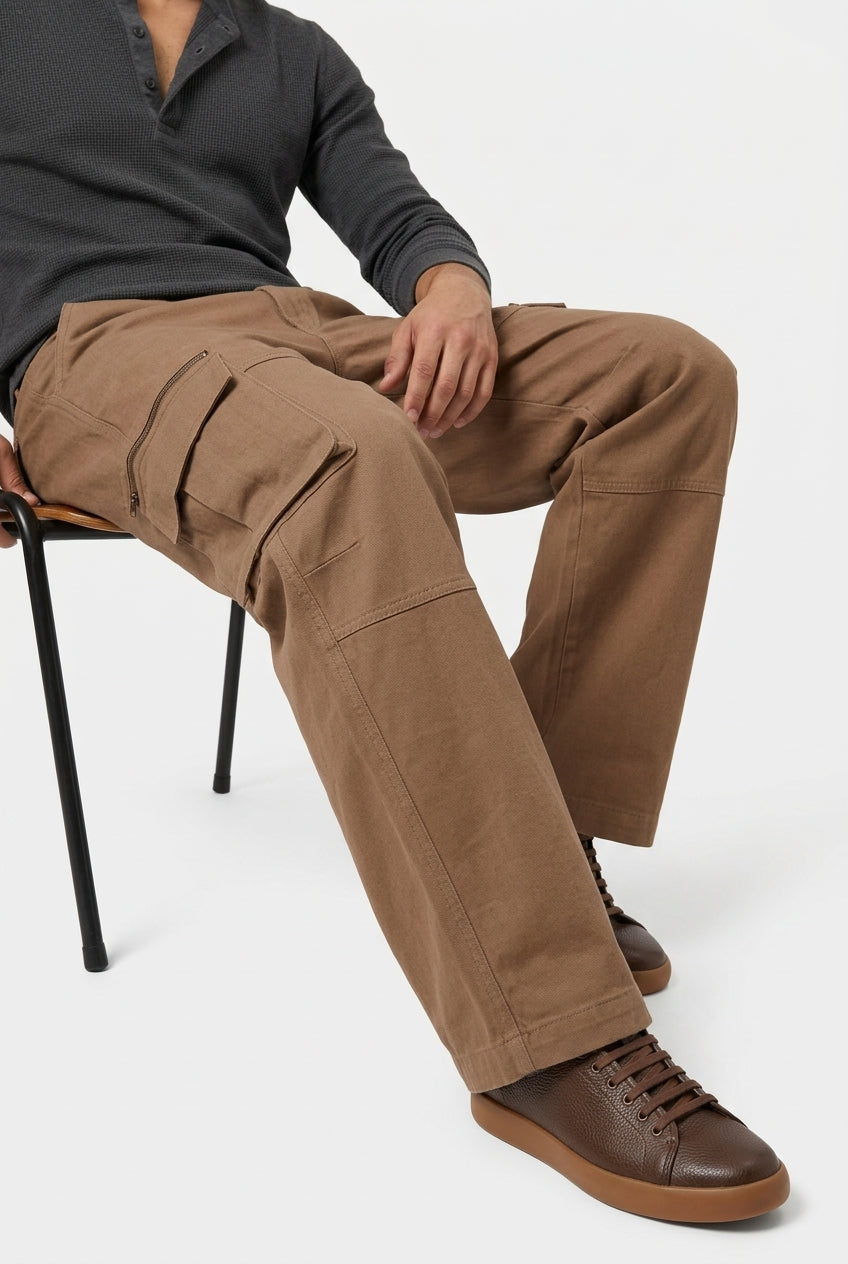 Tobacco Brown Mid-Rise Straight Fit Cargo Pant For Men