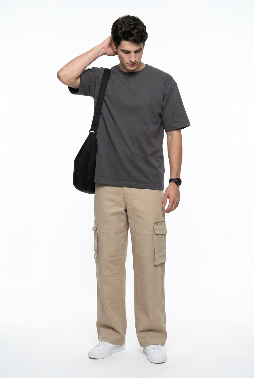 Beige Cotton Solid Mid-Rise Relaxed Fit Utility Cargo Pant For Men