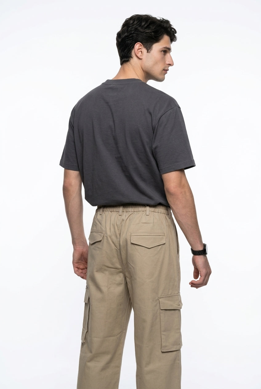 Beige Cotton Solid Mid-Rise Relaxed Fit Utility Cargo Pant For Men
