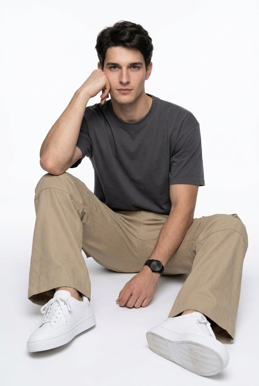 Beige Cotton Solid Mid-Rise Relaxed Fit Utility Cargo Pant For Men