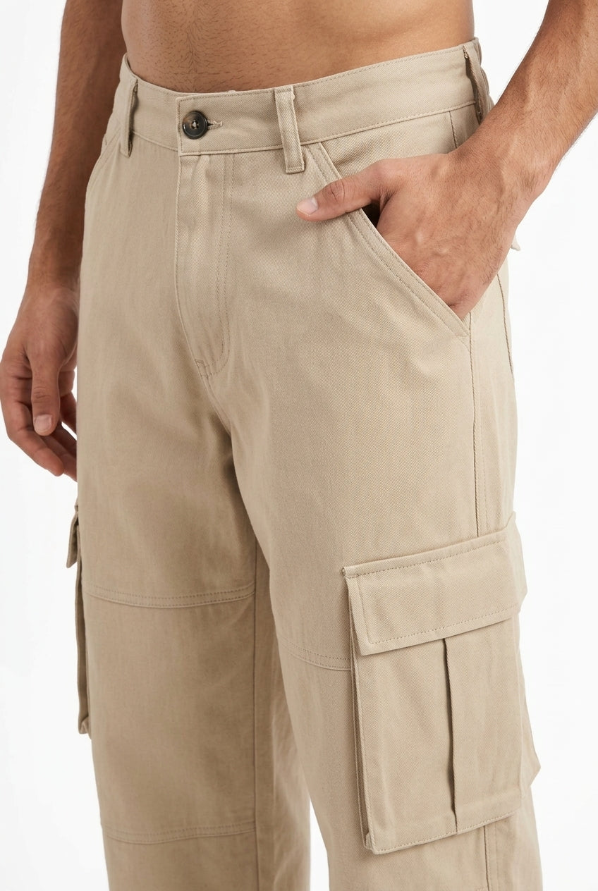 Beige Cotton Solid Mid-Rise Relaxed Fit Utility Cargo Pant For Men