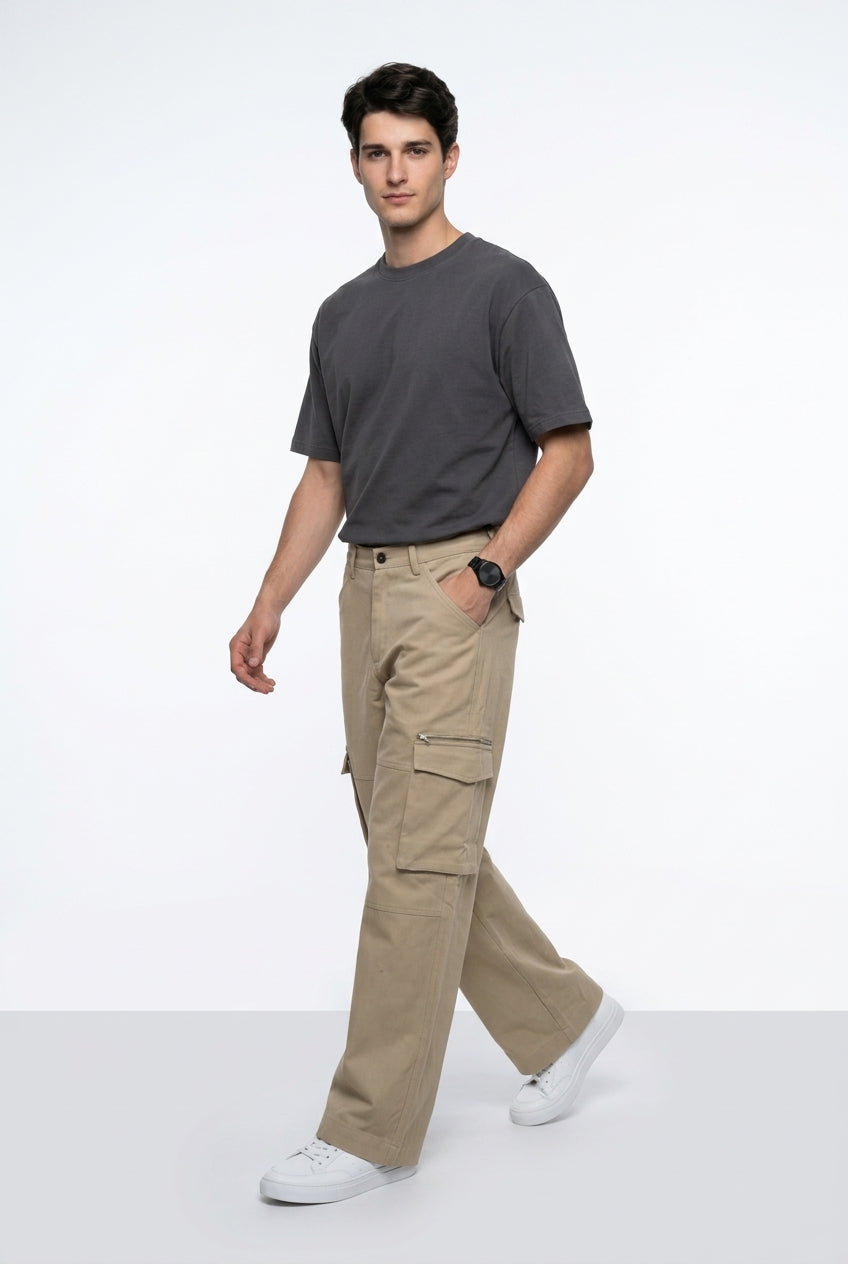 Beige Cotton Solid Mid-Rise Relaxed Fit Utility Cargo Pant For Men