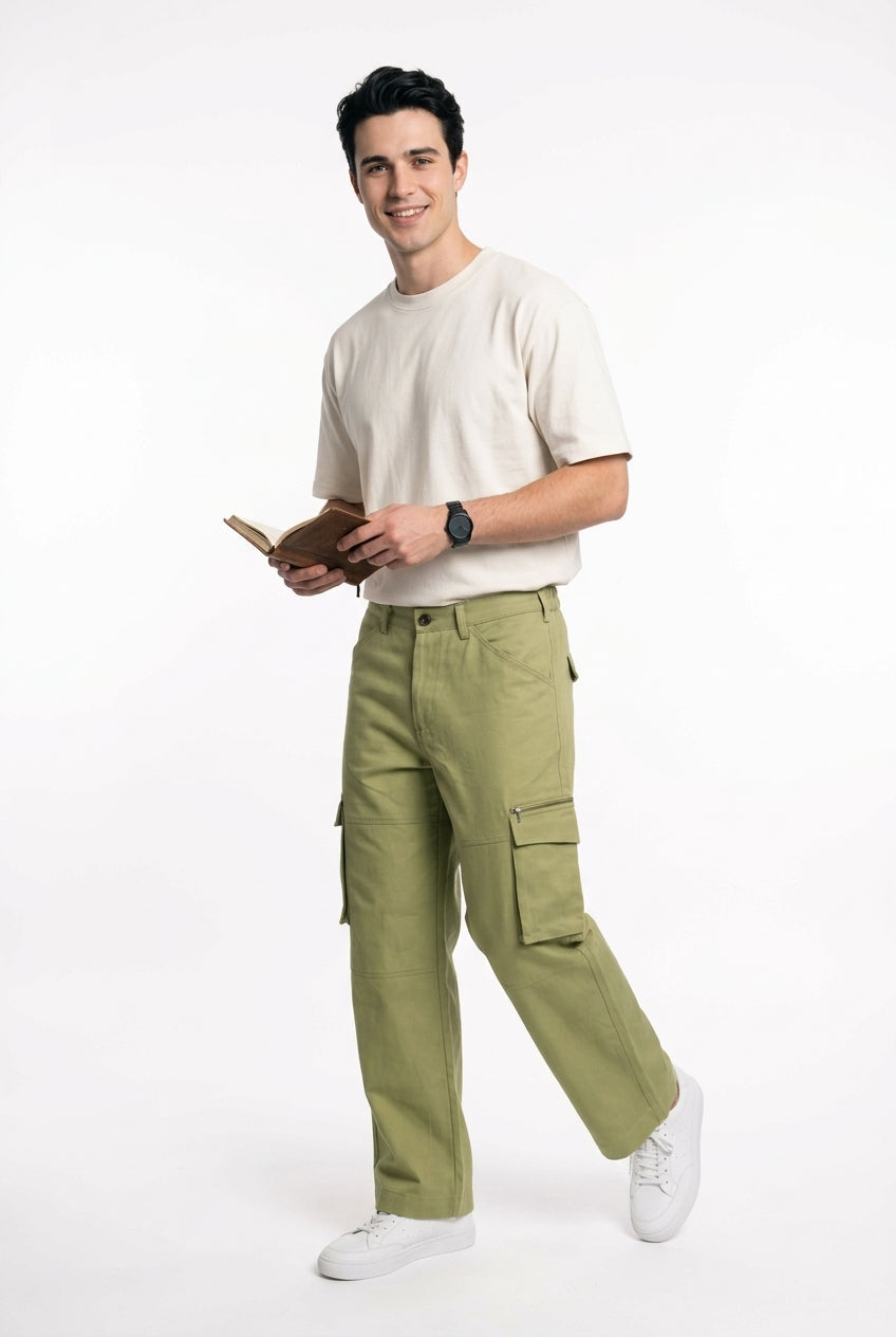 Olive Green Mid-Rise Straight Fit Utility Cargo Pant For Men