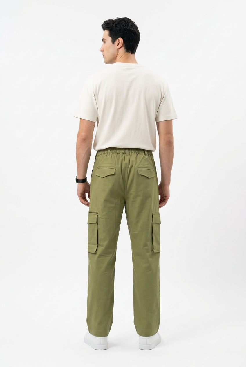 Olive Green Mid-Rise Straight Fit Utility Cargo Pant For Men