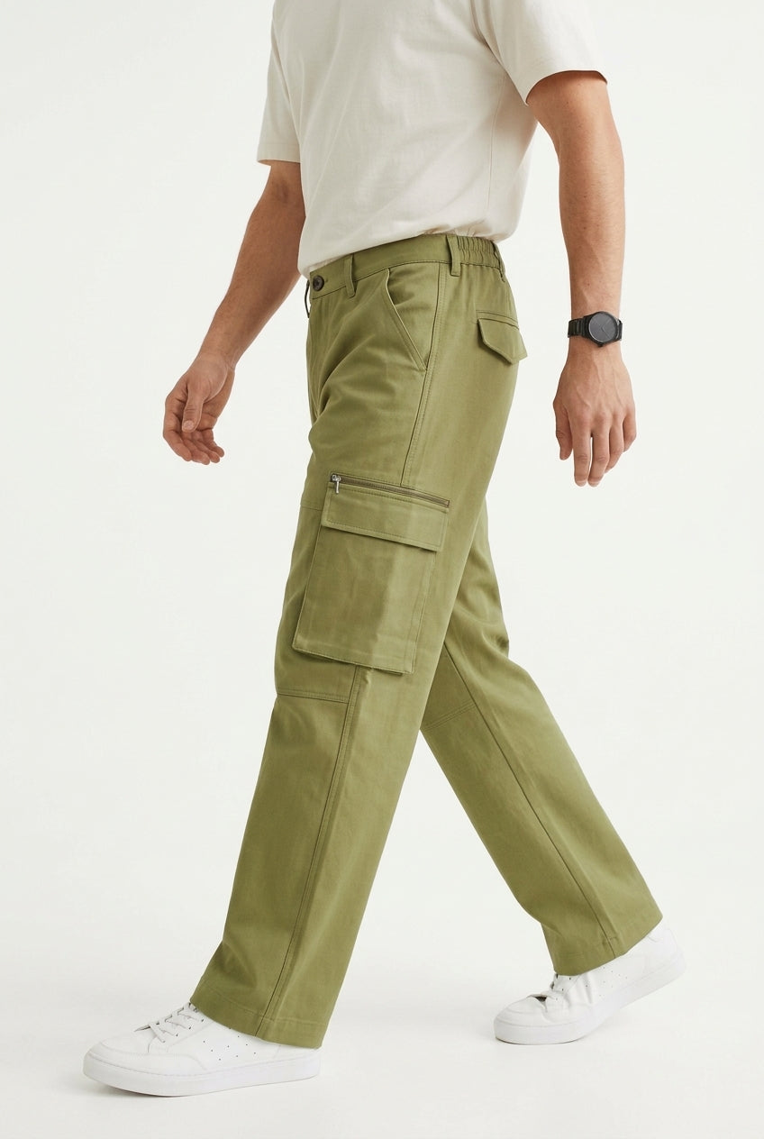 Olive Green Mid-Rise Straight Fit Utility Cargo Pant For Men