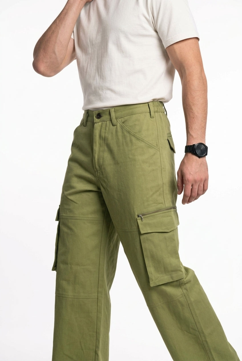 Olive Green Mid-Rise Straight Fit Utility Cargo Pant For Men