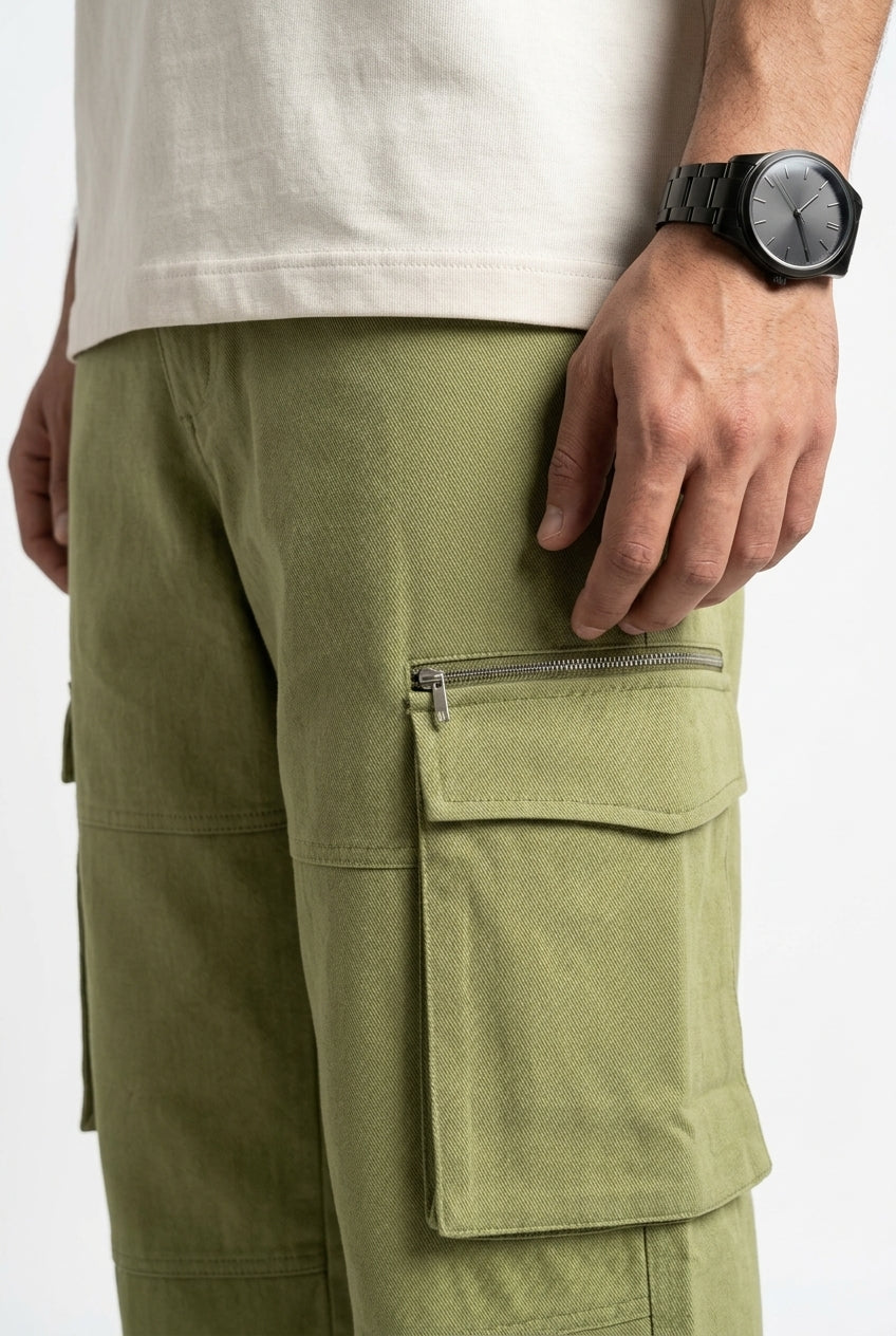 Olive Green Mid-Rise Straight Fit Utility Cargo Pant For Men