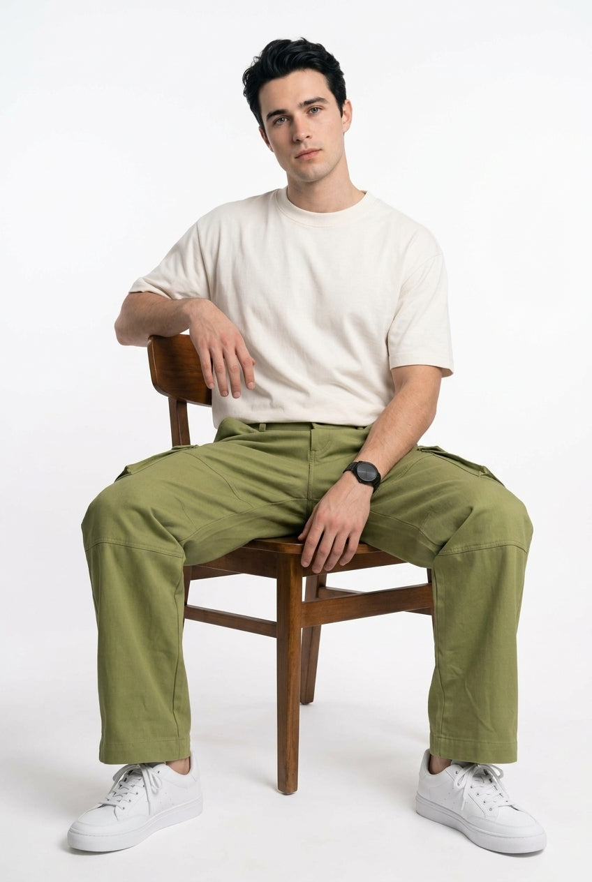 Olive Green Mid-Rise Straight Fit Utility Cargo Pant For Men