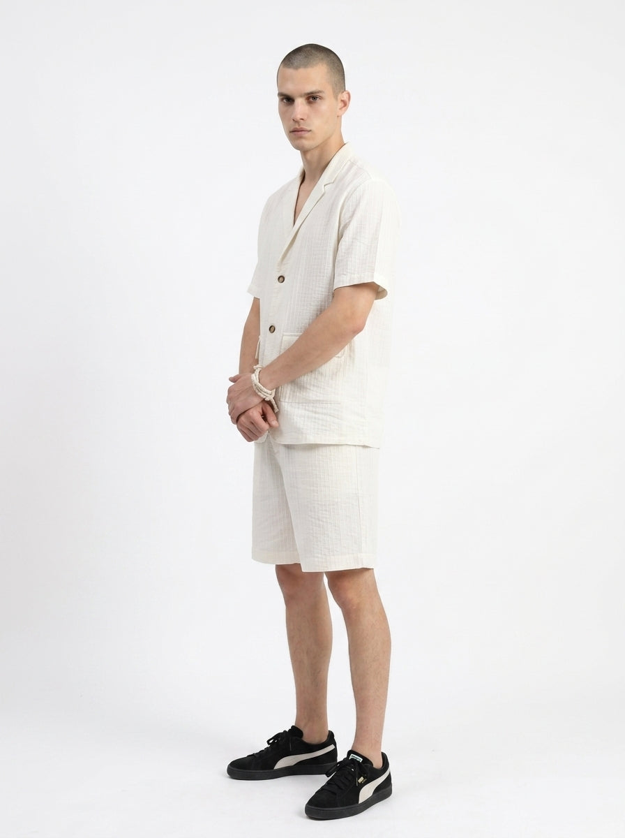 White Striped Shirt Collar Pure Cotton Co-Ord Set For Men