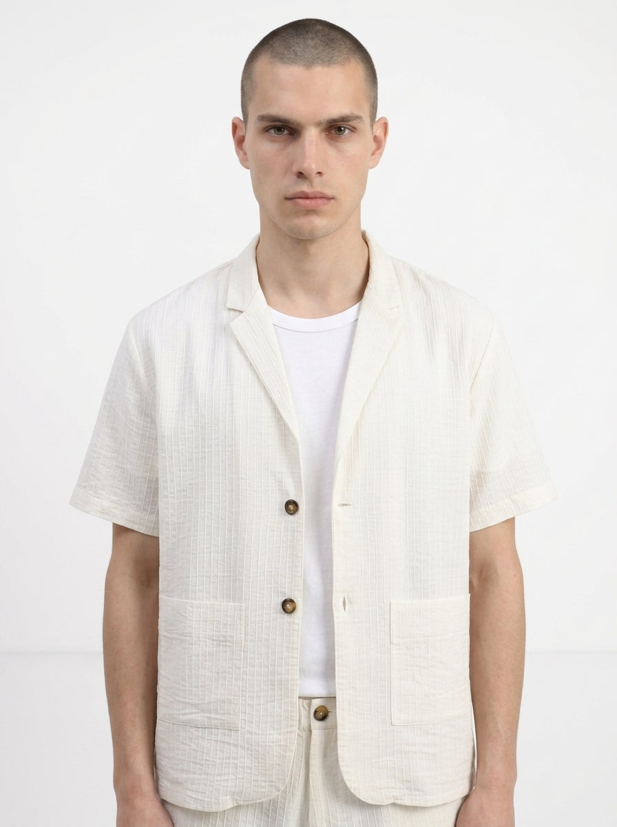 White Striped Shirt Collar Pure Cotton Co-Ord Set For Men