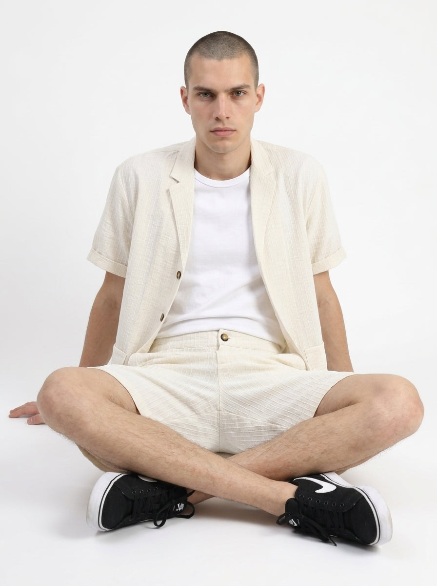 White Striped Shirt Collar Pure Cotton Co-Ord Set For Men