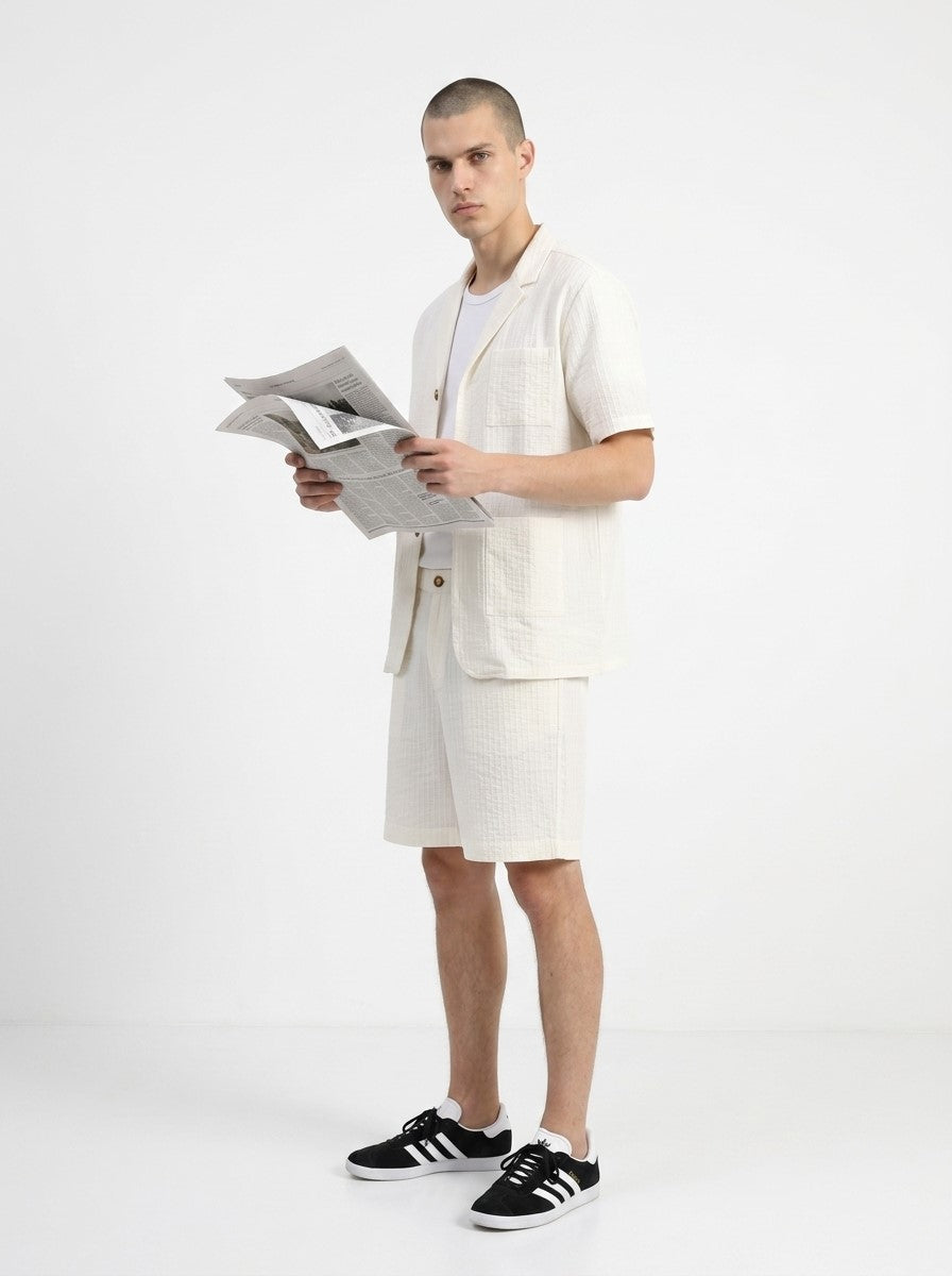 White Striped Shirt Collar Pure Cotton Co-Ord Set For Men