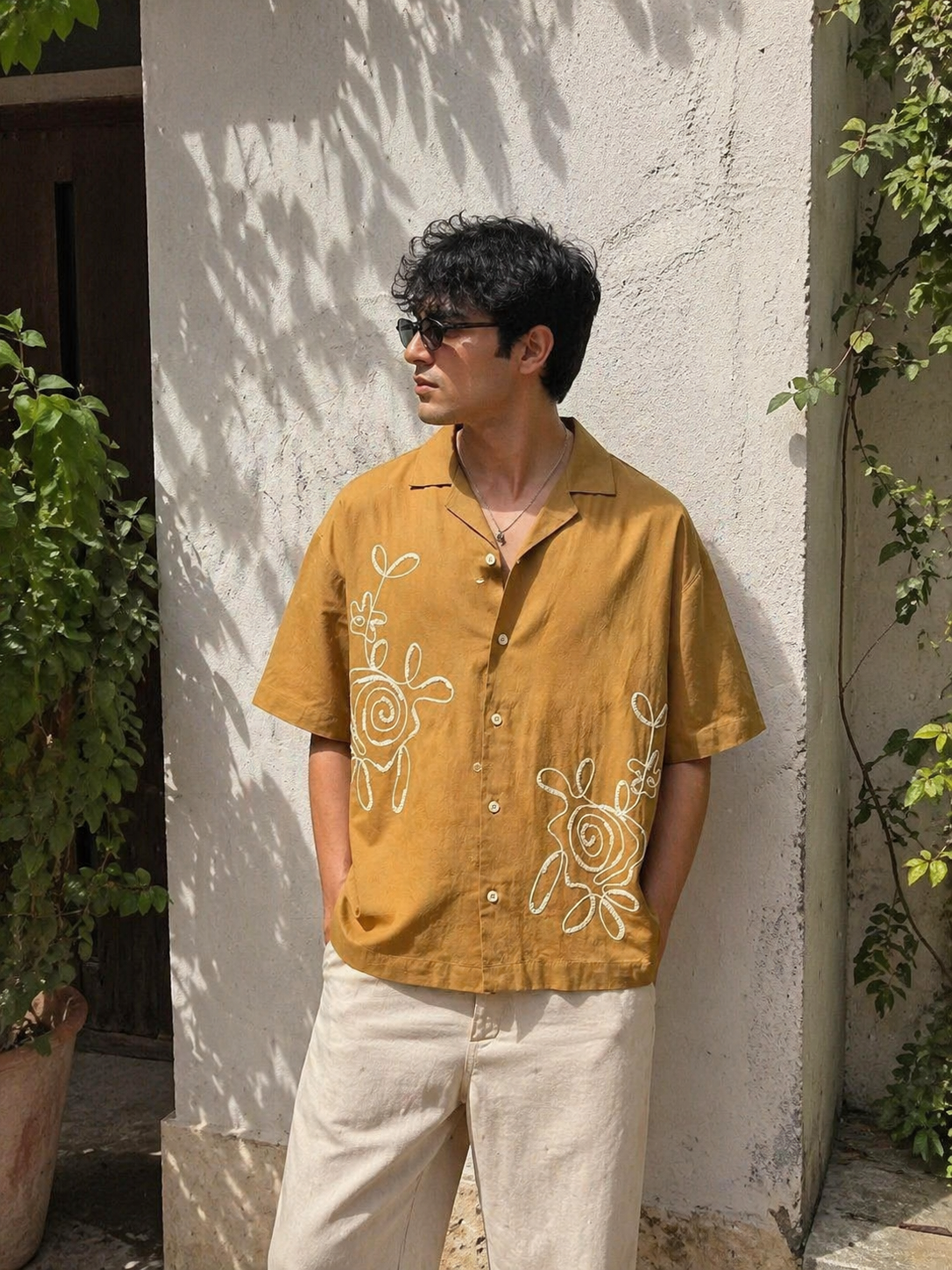Mustard Laple Collar Half Sleeve Embroidered Cotton Casual Shirt For Men