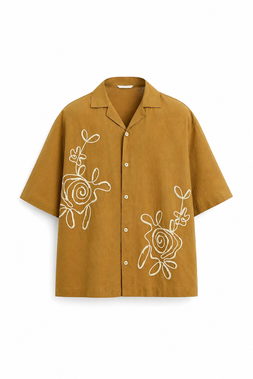 Mustard Laple Collar Half Sleeve Embroidered Cotton Casual Shirt For Men
