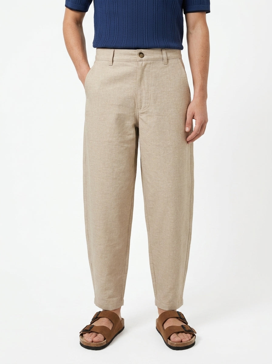Beige Solid Regular Fit Tapered Casual Cotton Trousers For Men