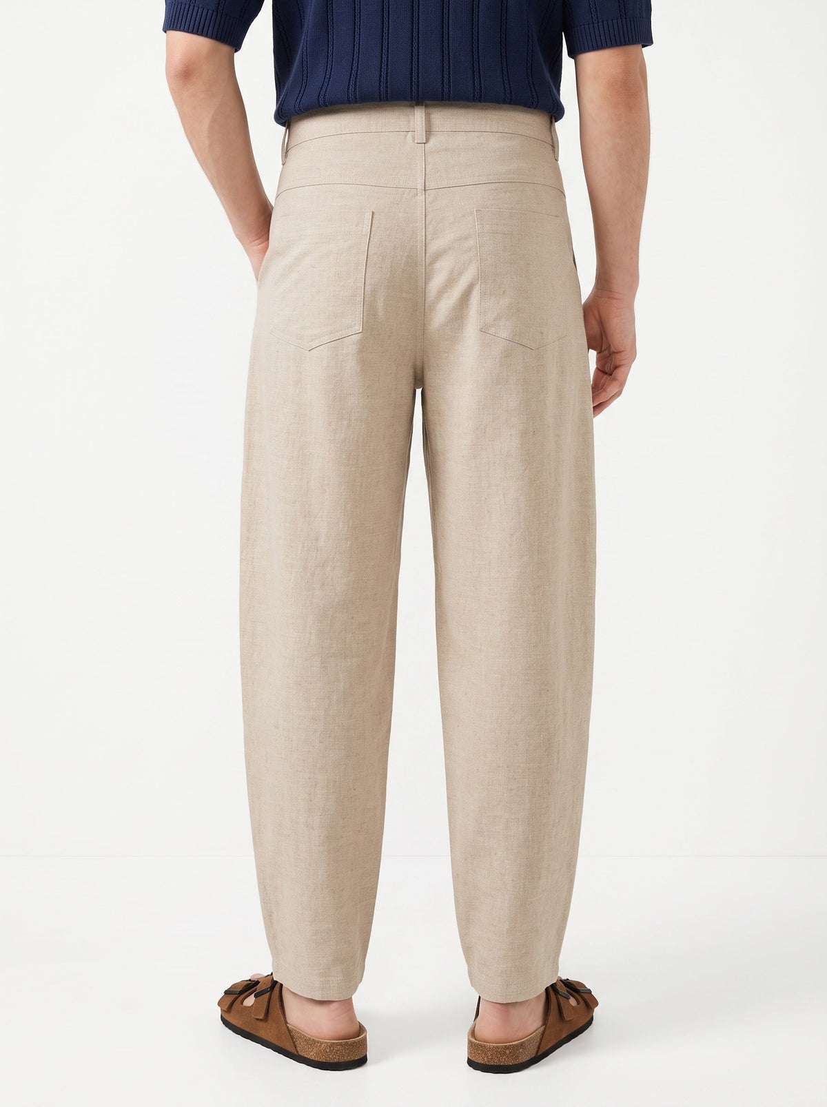 Beige Solid Regular Fit Tapered Casual Cotton Trousers For Men