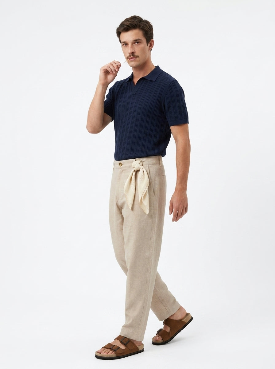 Beige Solid Regular Fit Tapered Casual Cotton Trousers For Men