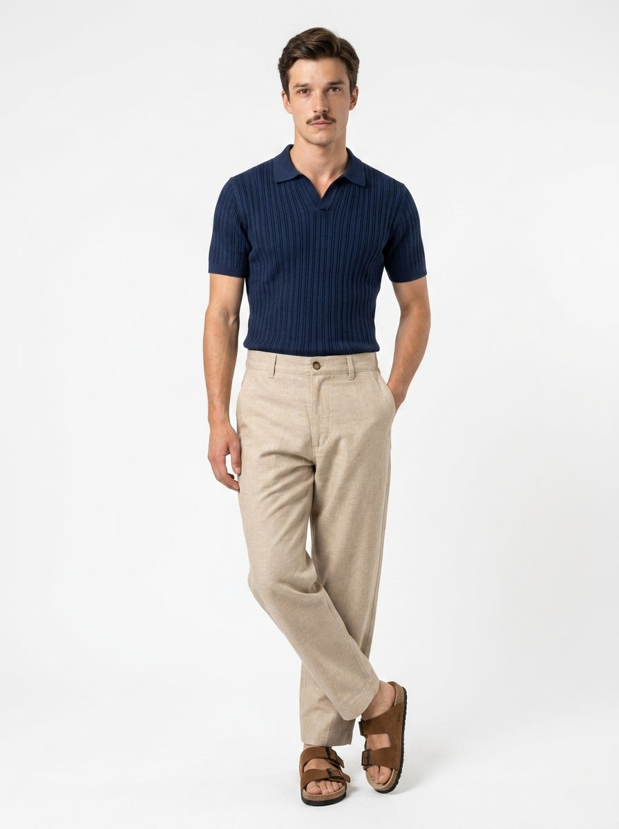 Beige Solid Regular Fit Tapered Casual Cotton Trousers For Men