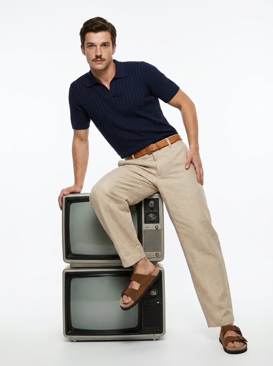 Beige Solid Regular Fit Tapered Casual Cotton Trousers For Men
