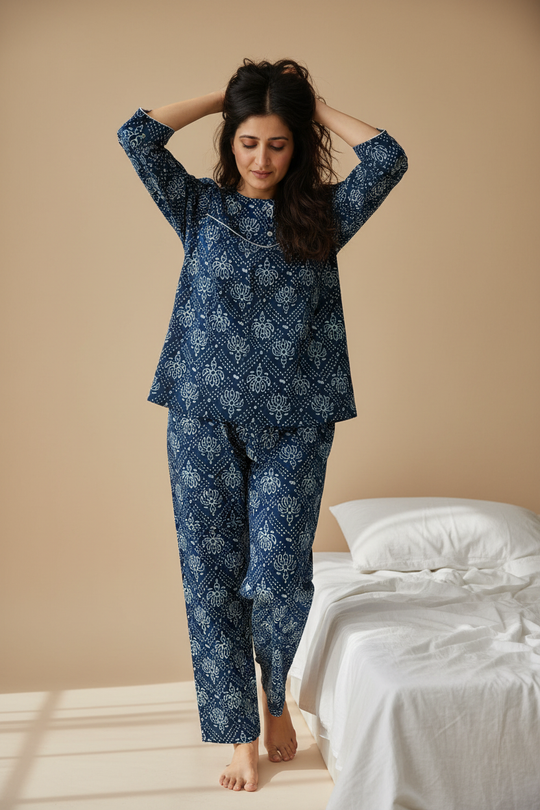 Indigo Blue Cotton Printed Night Suit Set for Women