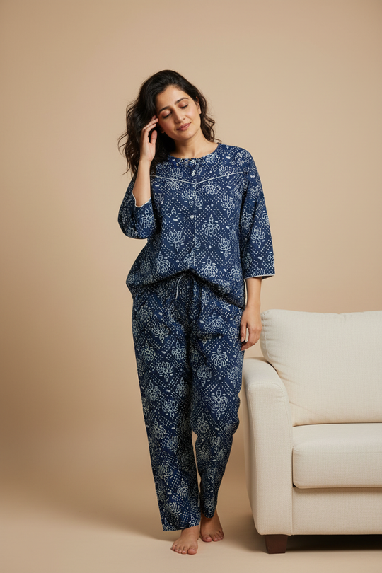 Indigo Blue Cotton Printed Night Suit Set for Women