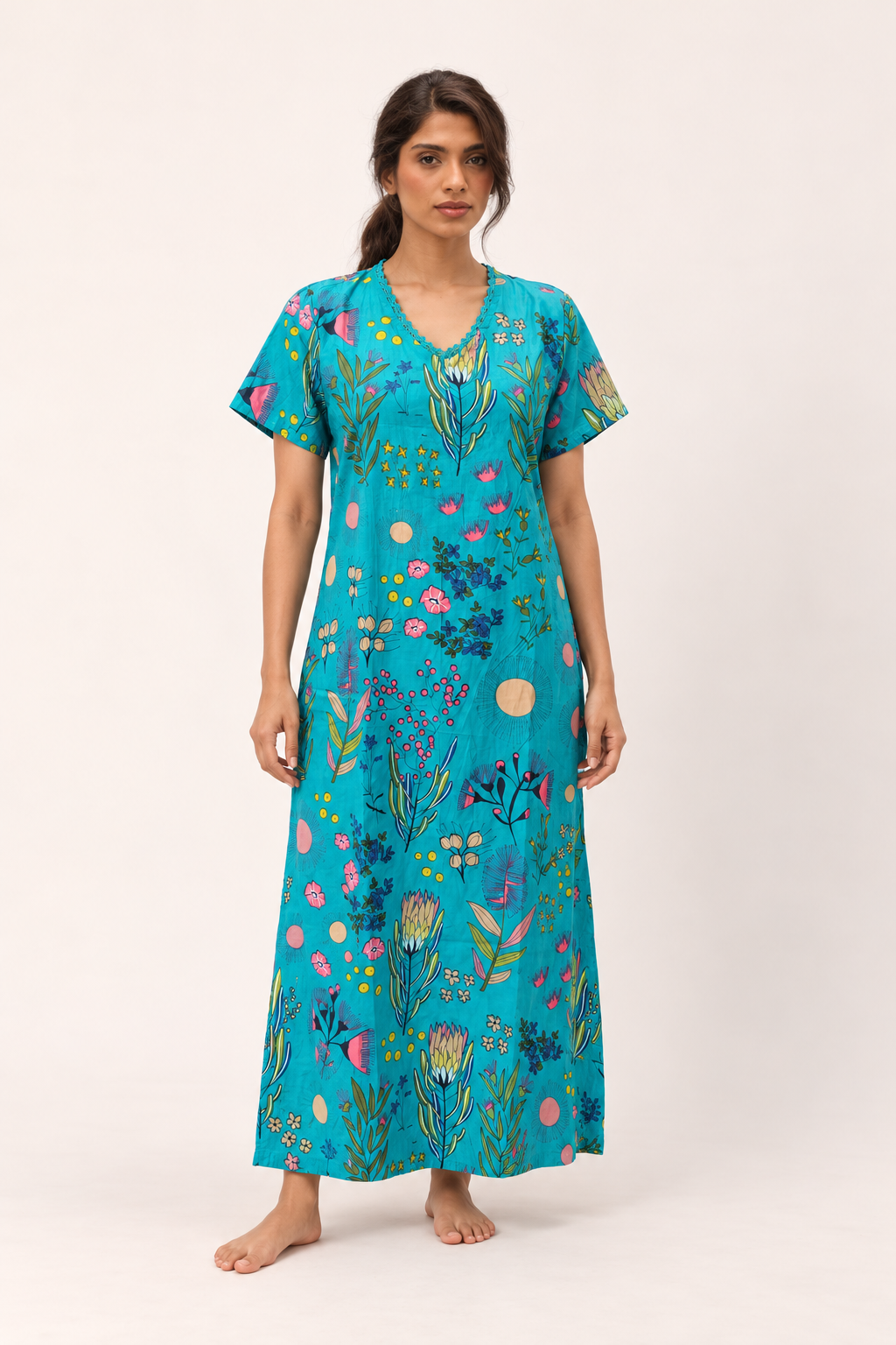 Blue V-Neck Floral Print Maxi Pure Cotton Nighty For Women