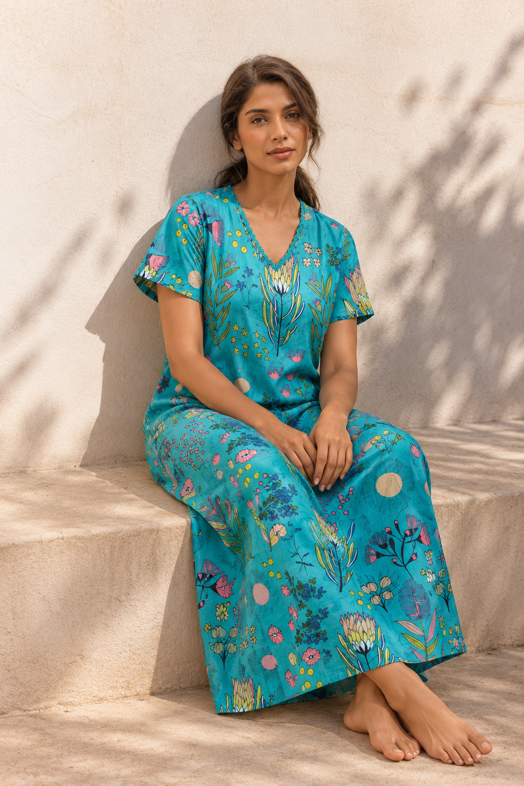 Blue V-Neck Floral Print Maxi Pure Cotton Nighty For Women