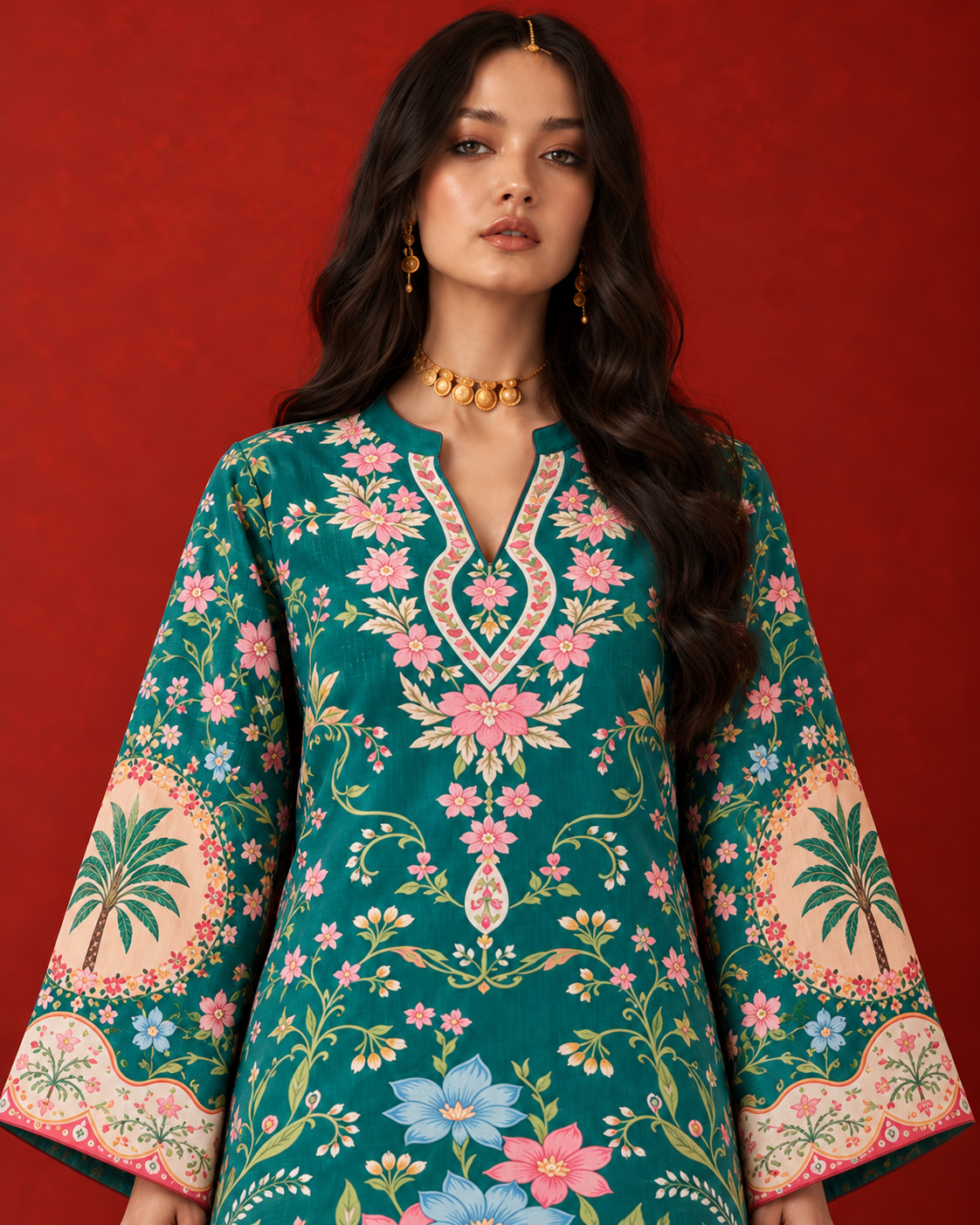 Emerald Green Floral Oasis V-Neck Farshi Salwar Suit Co-ord Set For Women