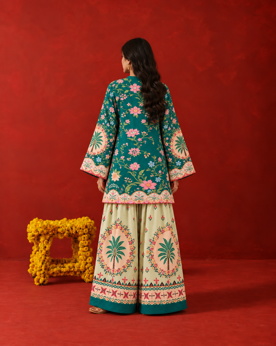 Emerald Green Floral Oasis V-Neck Farshi Salwar Suit Co-ord Set For Women