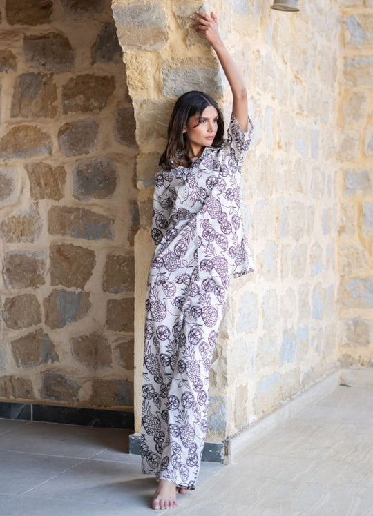 White V-Neck Tropical Printed Pure Cotton Night Suit