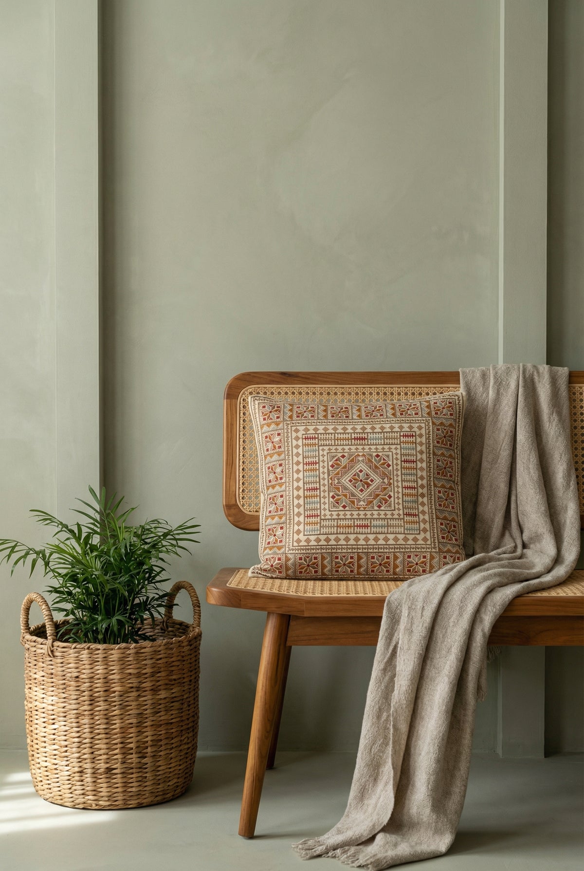 Brown Geometric Embroidered Cotton Square Cushion Cover